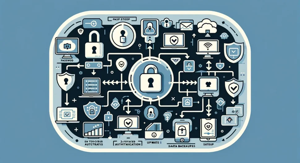 DALL·E 2023-12-07 14.02.15 - Graphic design of a simplified flowchart showing the process of securing a digital lock, symbolizing easy-to-understand cybersecurity steps for beginn (1)